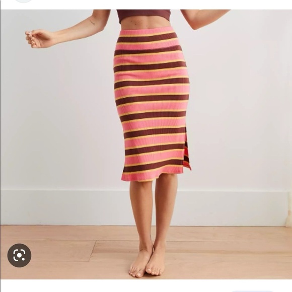 Aerie Skirt Womens Striped Ribbed Midi Skirt Side Slits Sz XL NWT - Picture 1 of 7